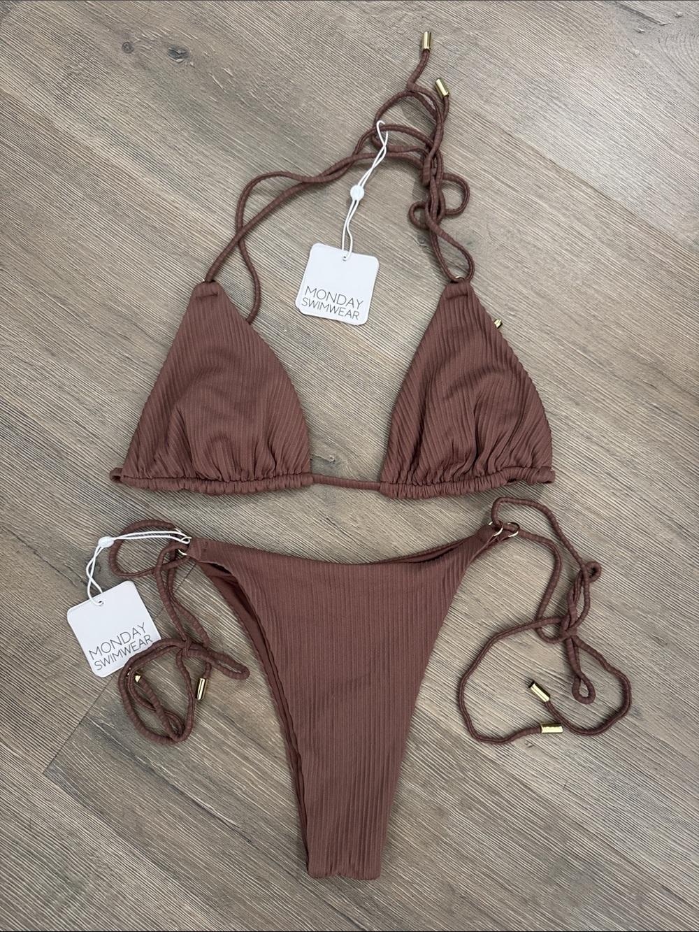 NWT Monday Swimwear Hanalei Bikini Set in Caramel Rib. Top Size L, Bottom Size M